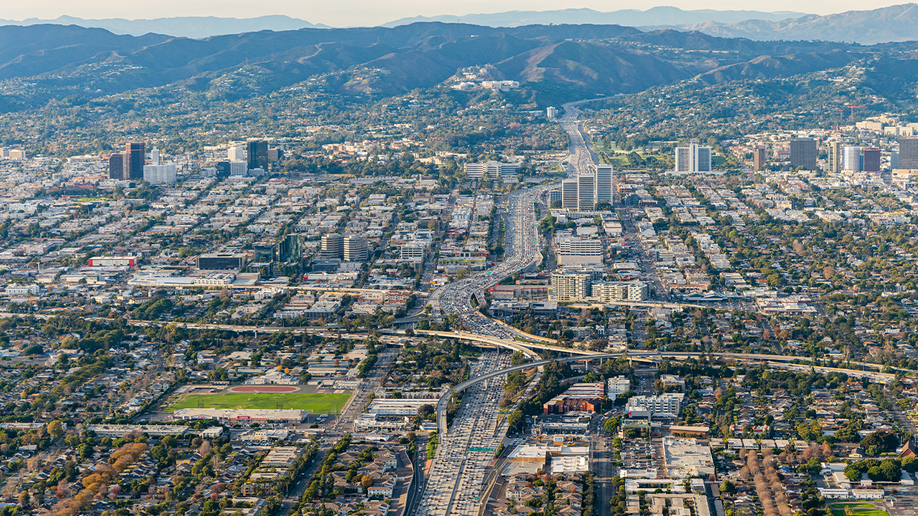 Aerial view of the 405 and 10 freeway intersection in WLA